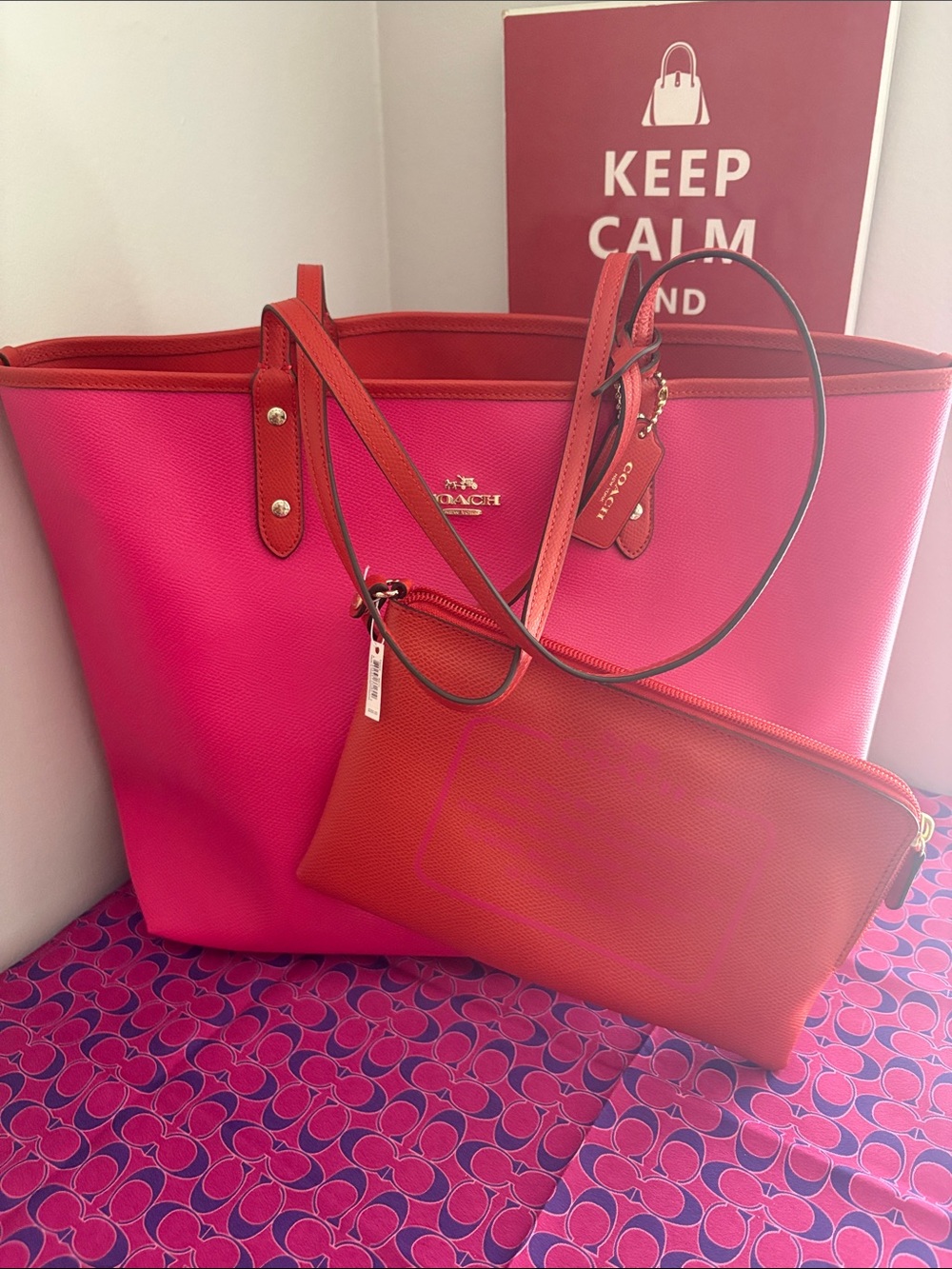 Coach Pink Tote with Orange  Trim and Matching Zip Pouch